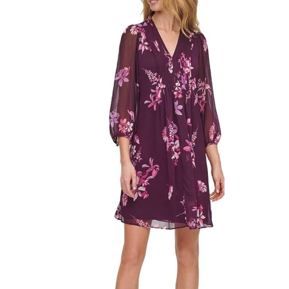 Calvin Klein Women's Purple Pleated Sheer Sleeve Floral V-Neck Dress NWT 10